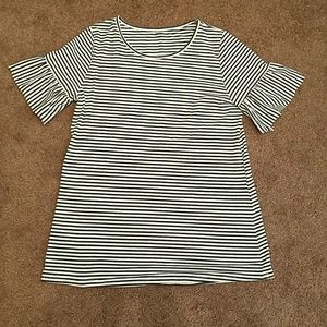 White and charcoal striped bell sleeve top